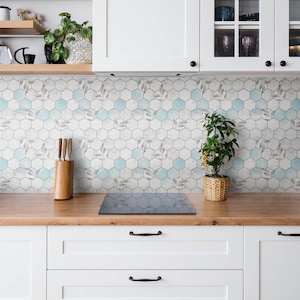 Hexagons and Leaves Tile Stickers, Removable Tiles, Abstraction Tile Stickers, Blue Decal Decoration, Kitchen Tile Stickers, Pack of 9