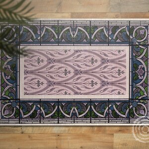 Ornamental Floral Carried Over Vinyl Floor Mat, Purple Linoleum Rug, Green Vinyl Mat, Classical Vinyl Rug, Floor Mat, Area Rug, Comfort Mat