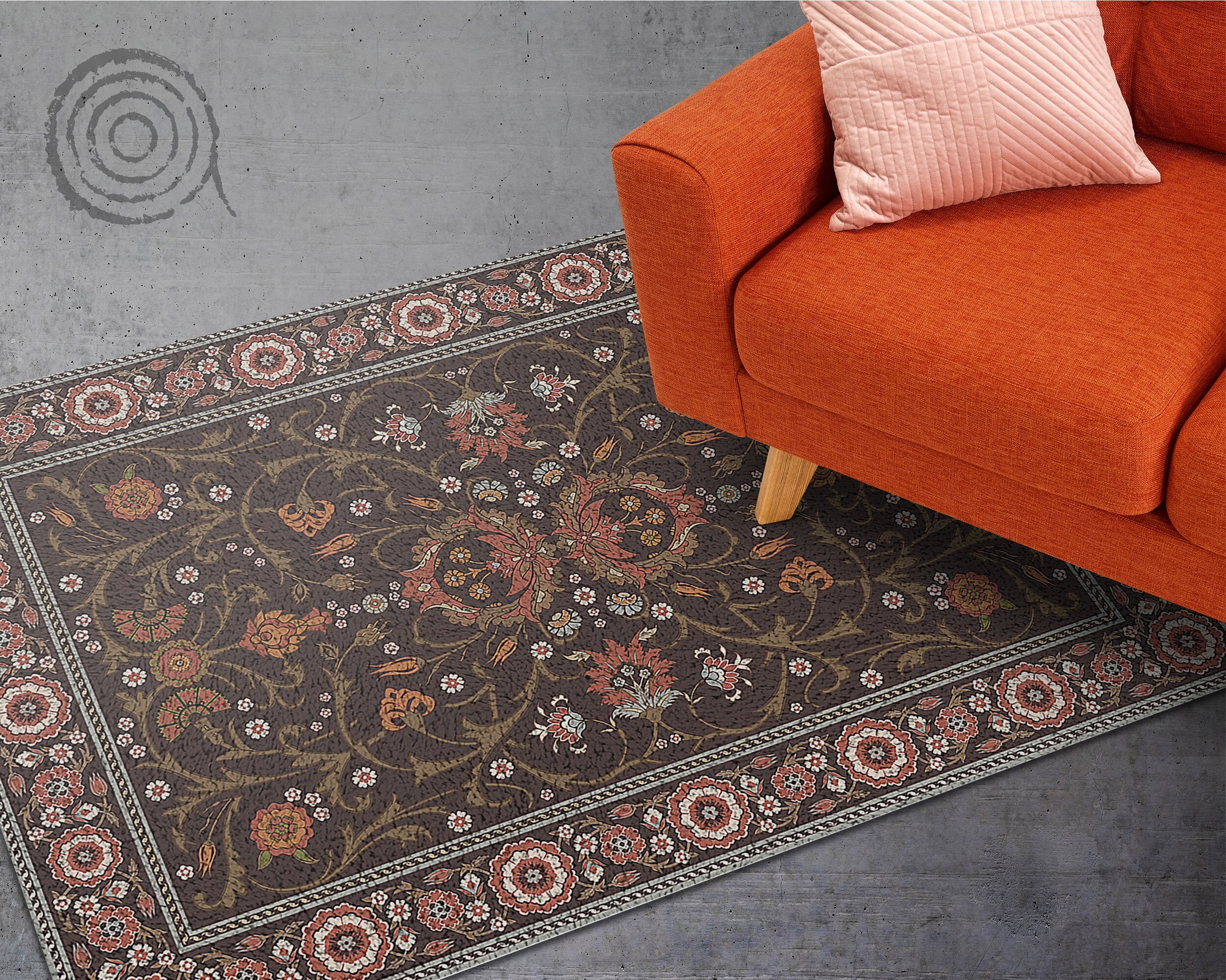 Classic Ornamental Flowers Vinyl Floor Mat, Orange Vinyl Rug, Red