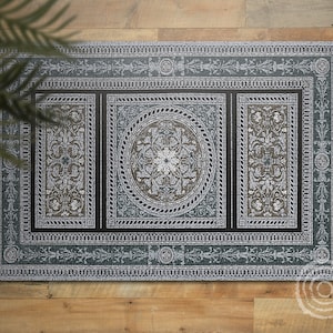 Retro Look Encaustic By Sir Matthew Digby Wyatt Vinyl Mat, Blue Vinyl Rug, Gray Linoleum Rug, Retro Vinyl Mat, Kitchen Mat, Decorative Mat