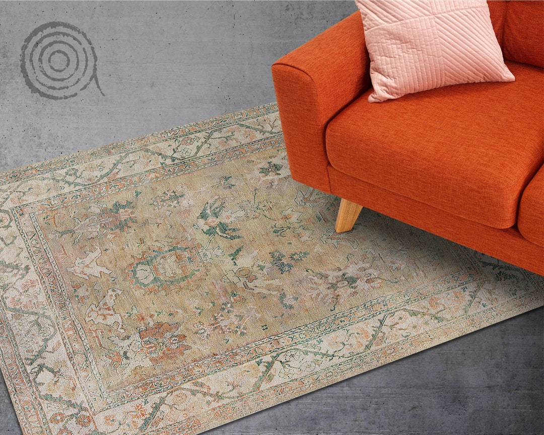 Antique Oushak From Turkey Vinyl Floor Mat, Beige Vinyl Rug, Bronze