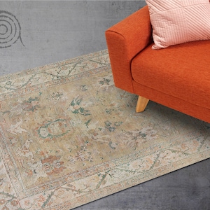 Antique Oushak From Turkey Vinyl Floor Mat, Beige Vinyl Rug, Bronze Linoleum Rug, Retro Vinyl Mat, Bath Mat, Decorative Mat, Comfort Mat