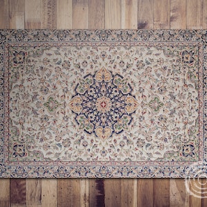 Klassieke vinylvloermat met bloemen, marineblauw linoleumtapijt, beige vinylmat, ornamentvinyltapijt, vloermat, decoratieve mat, klassiek tapijt