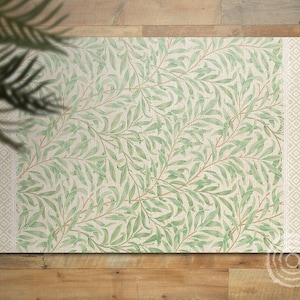 Ilustración de estilo retro de William Morris, alfombra de vinilo verde, alfombra de vinilo beige, alfombra de linóleo natural, alfombra de PVC, piso de vinilo