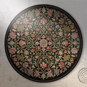 hippie Embroidery Round Vinyl Mat, Green Vinyl Rug, Orange Linoleum Rug, Floral Vinyl Mat, PVC Mat, Livingroom Rug, Classical Rug