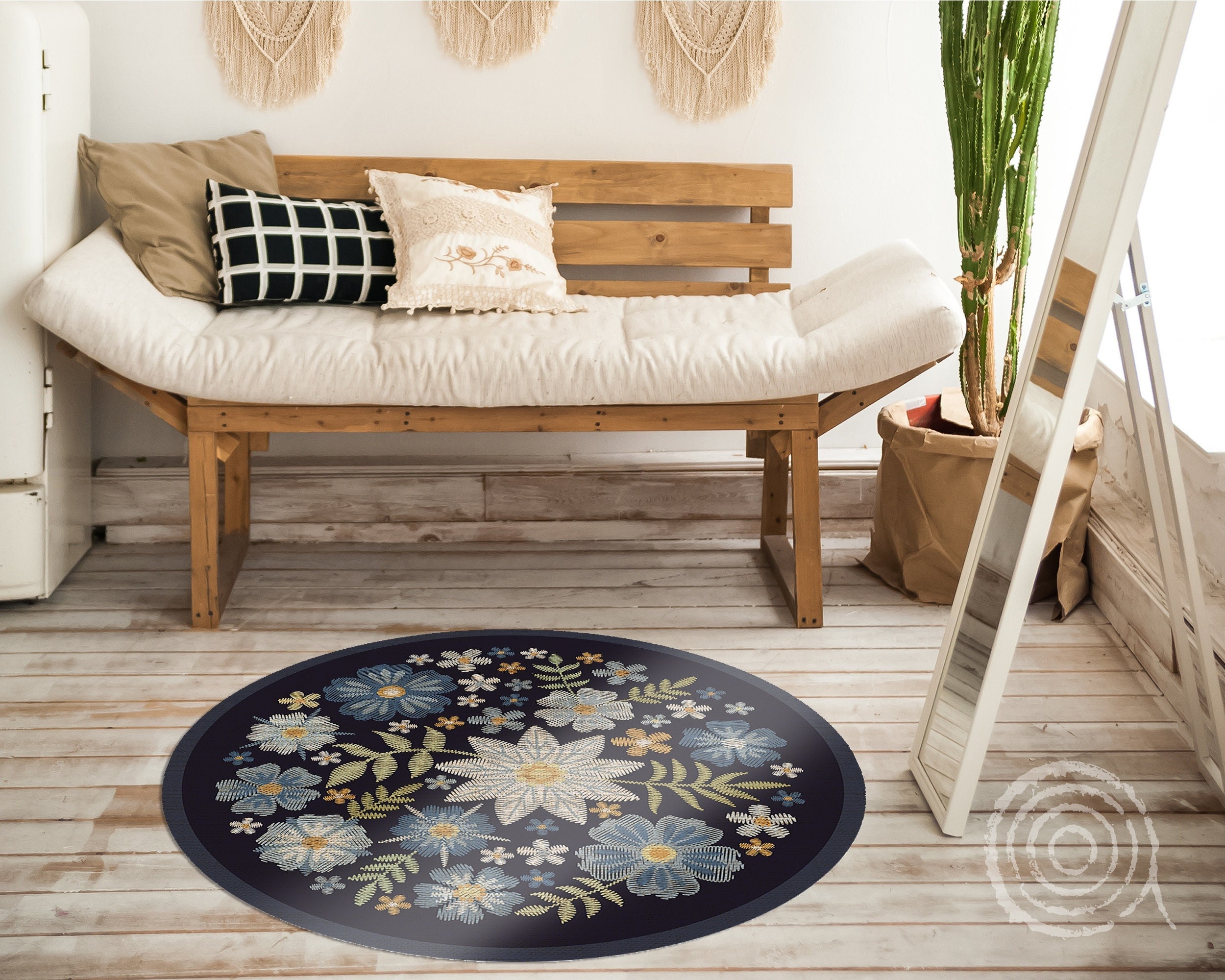Vinyl Rug Mat Cute Floral Circle Composition Round Vinyl Mat, Blue Vinyl Mat, Green ...