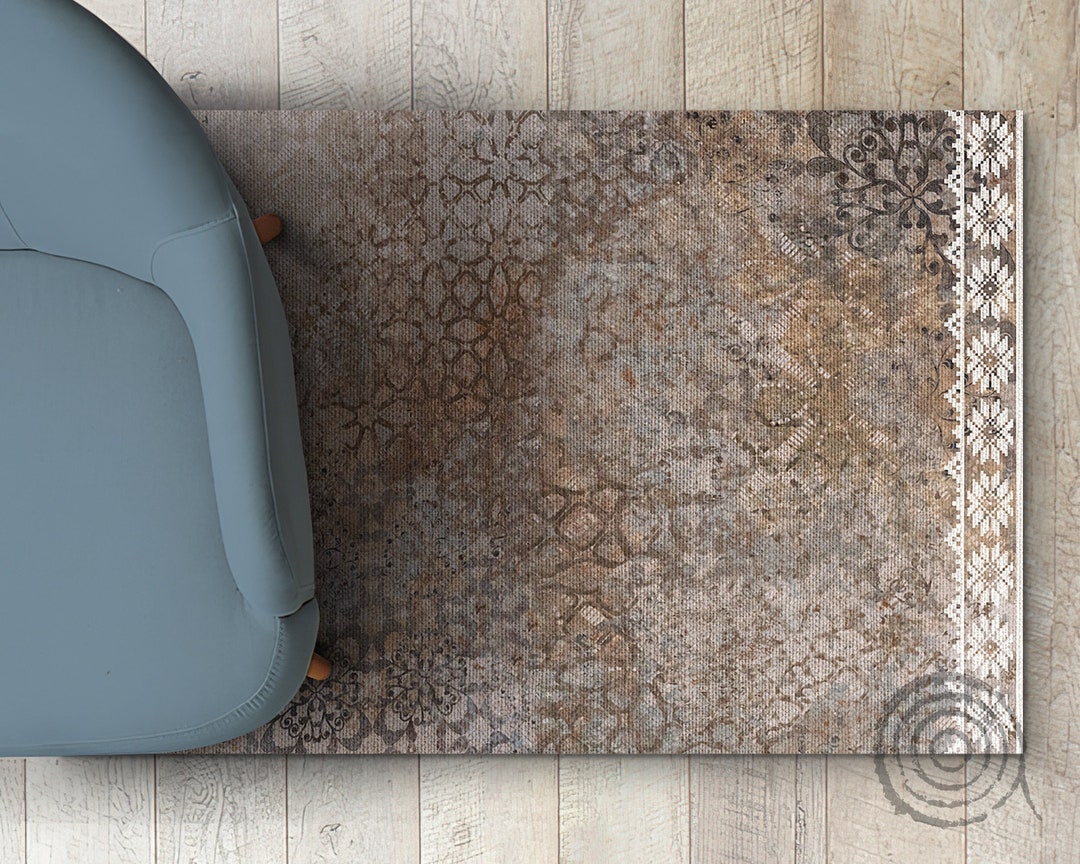 Retro Look Shabby Tiles Vinyl Floor Mat, Brown Linoleum Rug, Gray Vinyl ...