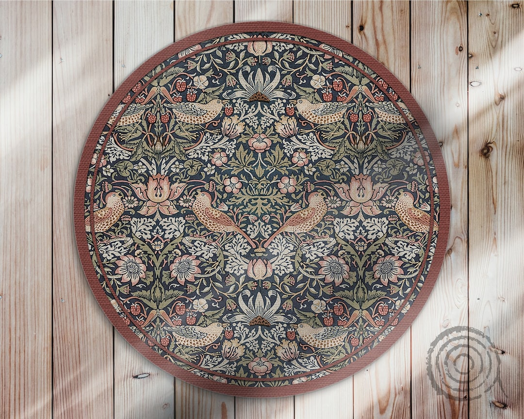 Strawberry by William Morris Round Vinyl Mat, Red Vinyl Rug, Green