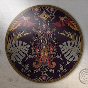 Monstera Leaves Round Vinyl Mat, Red Vinyl Rug, Brown Linoleum Rug, Retro Look Vinyl Mat, Round Mat, Vinyl Flooring, Art Mat