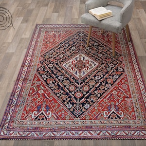 Retro Qashqai Persian Tribal Rug Vinyl Floor Mat, Red Linoleum Rug, Orange Vinyl Mat, Persian Vinyl Rug, PVC Mat, Decorative Mat, Art Mat