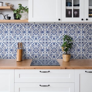Stickers muraux ornement floristique pour carrelage, carreaux autocollants, autocollants pour carreaux de mosaïque, décalcomanie décorative bleu marine, autocollants pour carrelage de salle de bain, lot de 9
