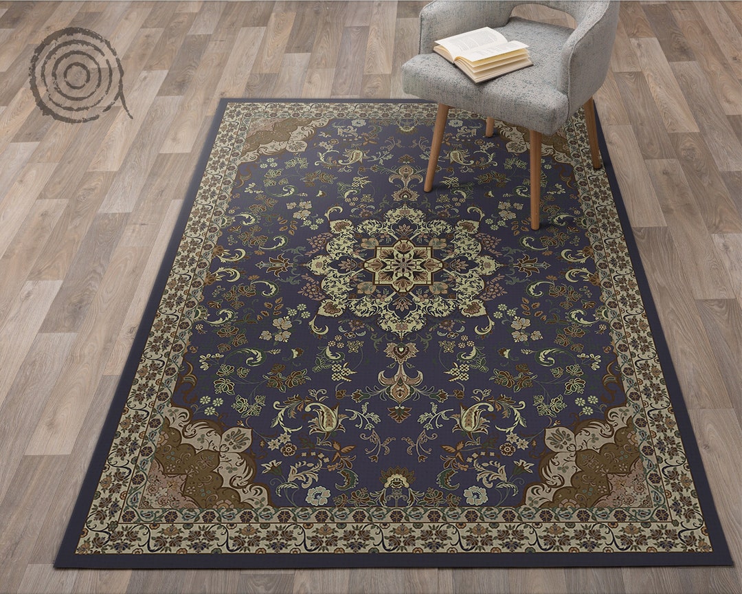 Vinyl Rug Mat Retro Look Floral Design Vinyl Floor Mat, Navy Vinyl Mat, Yellow Vinyl ...
