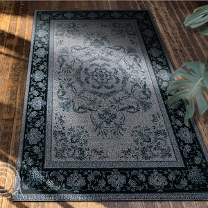 Mata podłogowa z winylu z wzorem wełny w ramie kwiatowej, niebieski dywanik linoleum, szara mata winylowa, dywanik winylowy retro, mata łazienkowa, mata dekoracyjna, klasyczny dywan