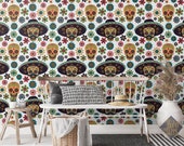 Dia De Los Muertos 237 Peel and Stick Wallpaper, White, Orange, Colorful, Mexican Art, Reusing Print, Wall Decor, Sombrero, Mexico Decor