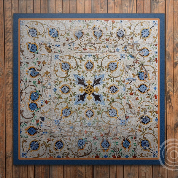 Mosaïque avec un cadre bleu, tapis de sol en vinyle, Tapis en vinyle bleu, Tapis en linoléum orange, Tapis en vinyle à fleurs, Tapis de sol, Carpette, Tapis artistique