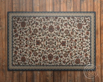 May include: A cream-colored rug with a floral pattern in shades of red, brown, and green. The rug has a dark blue border with a gold trim.