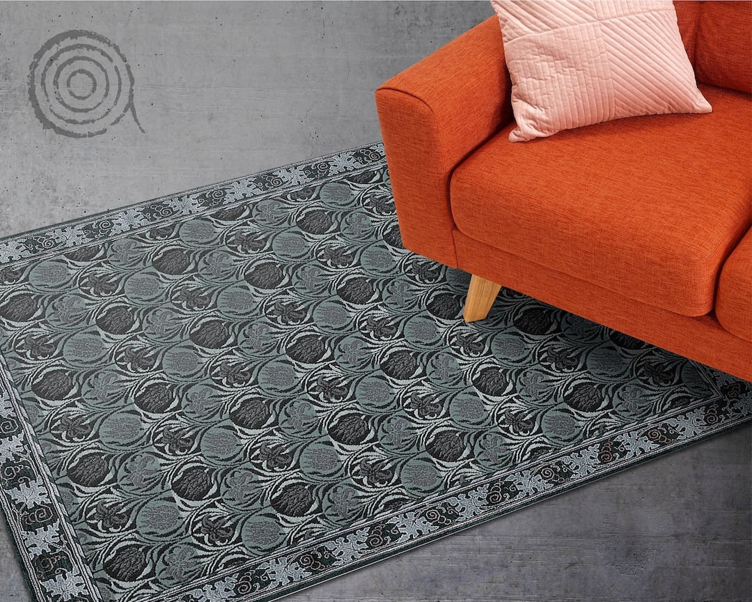 Tulip and Lily by William Morris Vinyl Floor Mat, Green Vinyl Rug, Blue