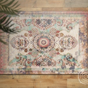 Colorful  Ornamenta Vinyl Floor Mat, Beige Vinyl Mat, Green Vinyl Rug, Ornament Linoleum Rug, Kitchen Mat, Area Rug, Comfort Mat
