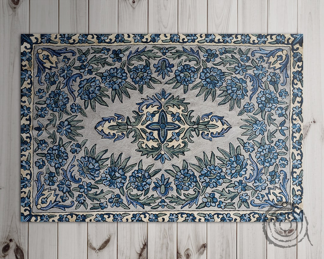 Nepal Embroidered Vinyl Floor Mat, Blue Vinyl Mat, Beige Vinyl Rug