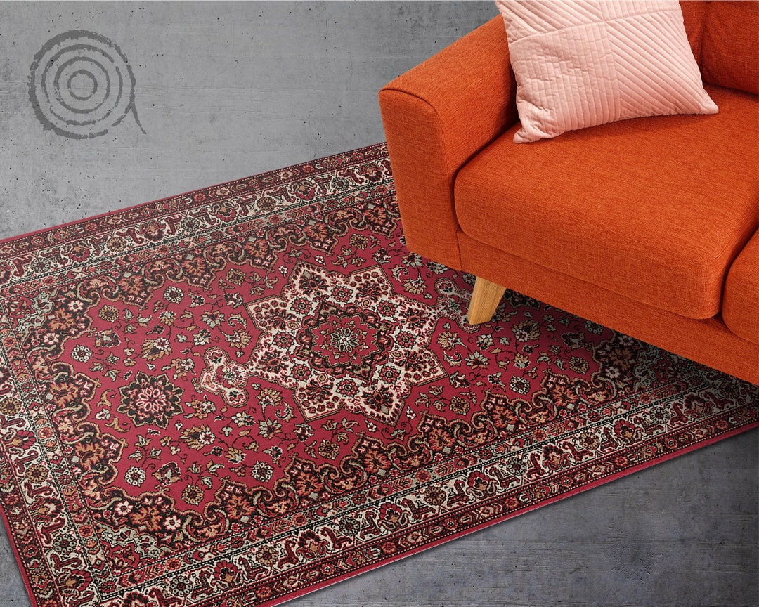 Old Floral Red Carpet Vinyl Floor Mat, Red Vinyl Rug, Beige Linoleum