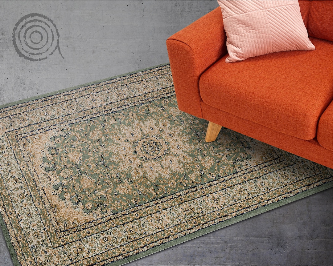 Retro Look With Traditional Vinyl Floor Mat, Yellow Linoleum Rug, Green