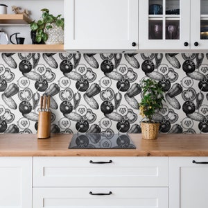 Monochrome Vegetables Tile Stickers, Self Adhesive Tiles, Food Tile Stickers, Black and white Decal Decor, Wall Tile Stickers, Set of 9