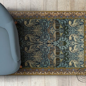 Peacock And Dragon By William Morris Vinyl Floor Mat, Blue Linoleum Rug, Brown Vinyl Mat, Ornament Vinyl Rug, Bath Mat, Decorative Mat