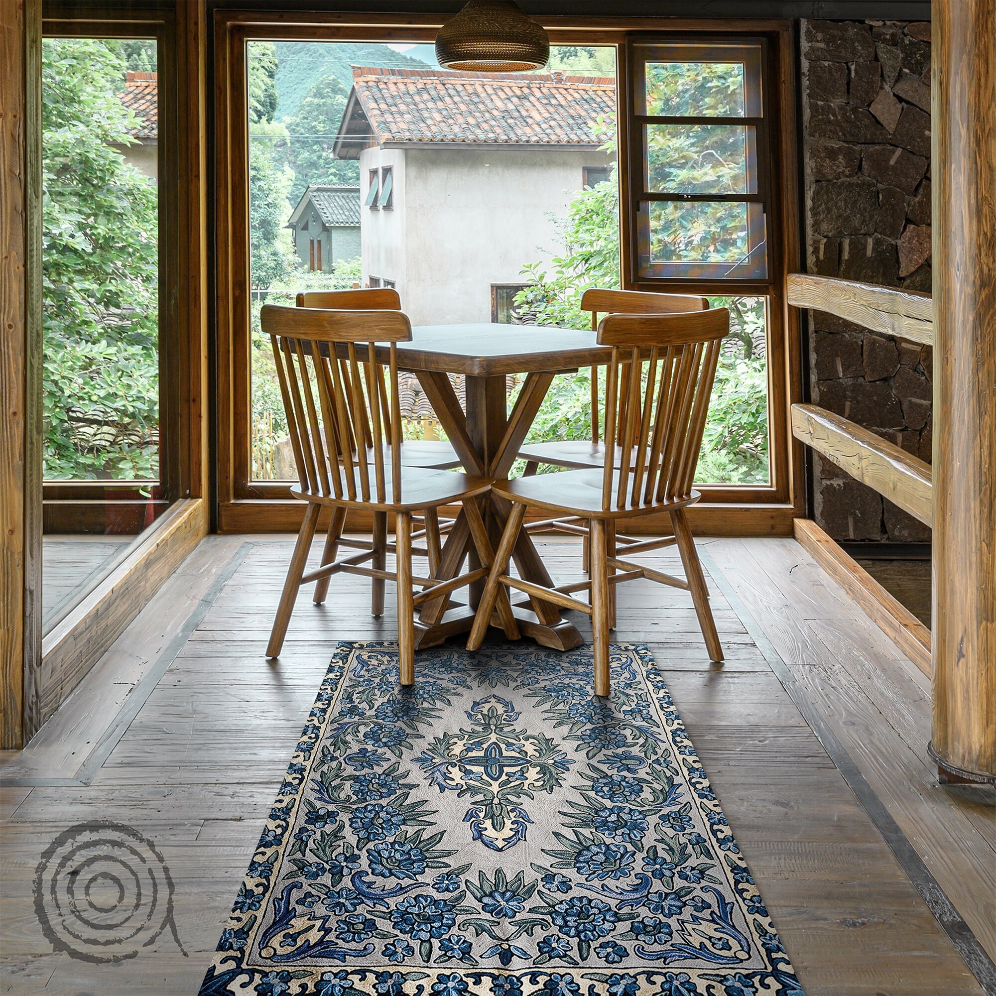 Nepal Embroidered Vinyl Floor Mat, Blue Vinyl Mat, Beige Vinyl Rug ...