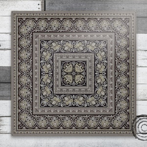 Ethnic Square In Frames Vinyl Floor Mat, Gray Vinyl Mat, Brown Vinyl Rug, Geometric Linoleum Rug, Floor Mat, Area Rug, Comfort Mat