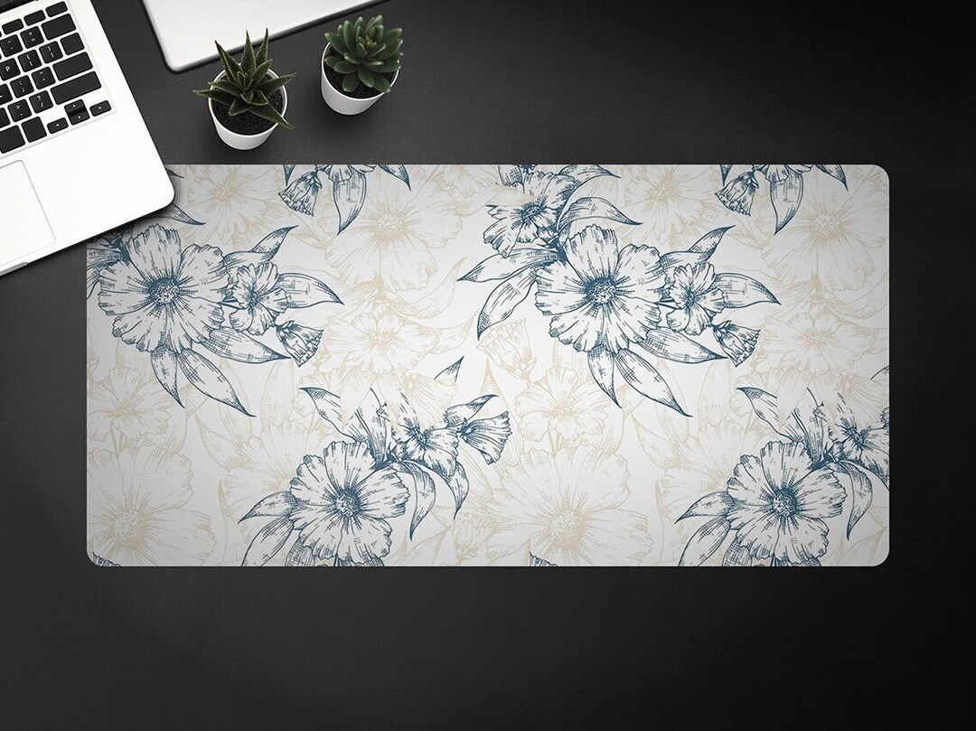 Pattern Pale Blue Retro Look Floral Desk Mat, Personalized Office ...