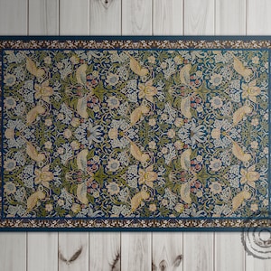 Strawberry Thief By William Morris Vinyl Floor Mat, Green Vinyl Rug, Yellow Linoleum Rug, Ornament Vinyl Mat, Kitchen Mat, Livingroom Rug