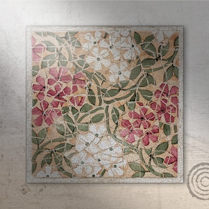 Mosaic And Green Leaves Vinyl Floor Mat, Green Linoleum Rug, Pink Vinyl Mat, Floral Vinyl Rug, Bath Mat, Area Rug, Comfort Mat