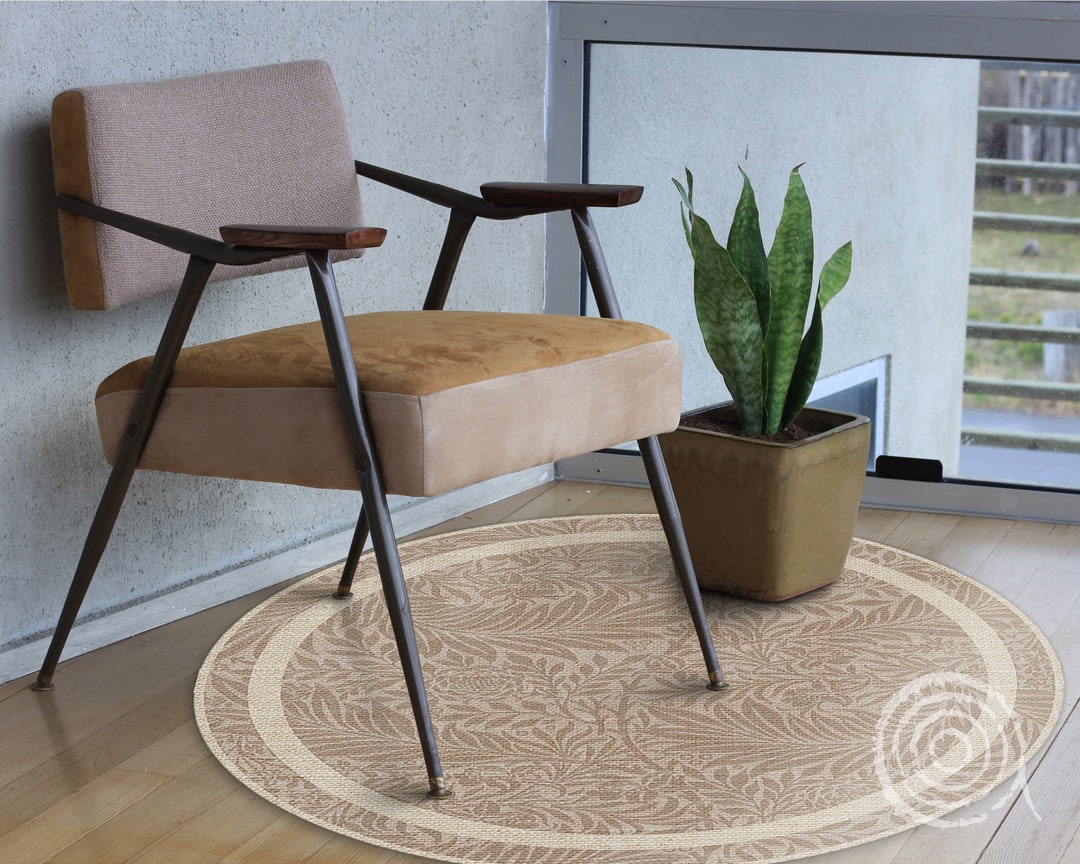 Illustration by William Morris Round Vinyl Mat, Beige Linoleum Rug