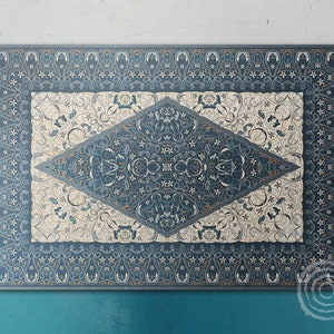 Ombre Blue Retro Look Arabic Vinyl Floor Mat, Blue Vinyl Mat, Beige Vinyl Rug, Retro Linoleum Rug, Bath Mat, Decorative Mat, Art Mat
