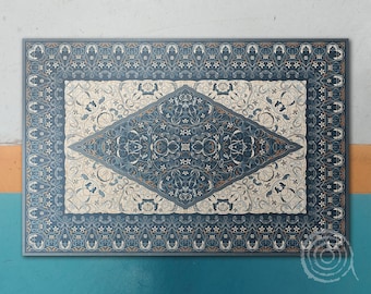 Ombre Blau Retro Look Arabische Vinyl Bodenmatte, Blaue Vinyl Matte, Beige Vinyl Teppich, Retro Linoleum Teppich, Badematte, Dekorative Matte, Kunstmatte