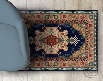 Kleurrijk mozaïek met traditionele volksvinylvloermat, groen vinyltapijt, oranje linoleumtapijt, oosterse vinylmat, vloermat, karpet