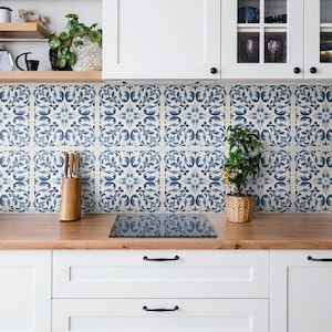 Decorative Leaves Tile Stickers, Peel and Stick Tiles, Abstraction Tile Stickers, Blue Decal Decoration, Floor Tile Stickers, Pack of 9