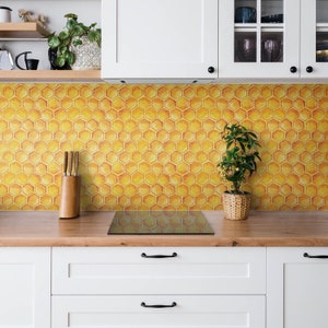 Drawn Honey Slice Tile Stickers, Peel and Stick Tiles, Food Tile Stickers, Yellow Decal Decor, Bathroom Tile Stickers, Set of 9