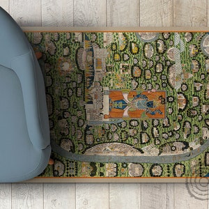 Town Vinyl Floor Mat, Green Vinyl Mat, Beige Vinyl Rug, Retro Linoleum Rug, Floor Mat, Area Rug, Classical Rug