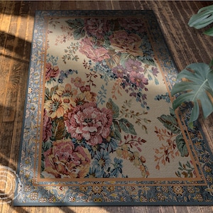 Retro Look Of An Ornate Floral Vinyl Floor Mat, Orange Linoleum Rug, Blue Vinyl Mat, Floral Vinyl Rug, Floor Mat, Area Rug, Luxury Rug