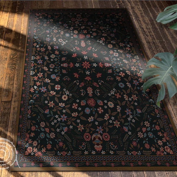 Delicate Floral Full Of Colors Vinyl Floor Mat, Red Vinyl Mat, Blue Vinyl Rug, Floral Linoleum Rug, PVC Mat, Decorative Mat, Classical Rug