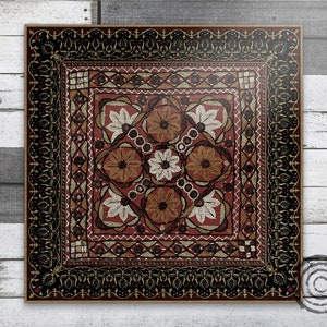May include: A square rug with a black and gold border and a red, white, and gold floral pattern in the center.