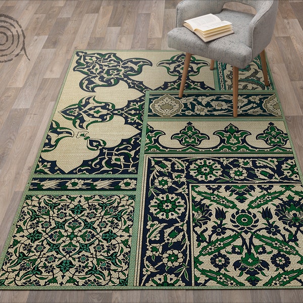 patterned By Albert Racinet Vinyl Floor Mat, Green Linoleum Rug, Beige Vinyl Mat, Retro Vinyl Rug, Bath Mat, Area Rug, Classical Rug