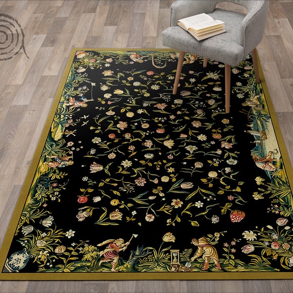 A Strewn Flora Vinyl Floor Mat, Yellow Vinyl Mat, Black Vinyl Rug, Classical Linoleum Rug, PVC Mat, Decorative Mat, Classical Rug