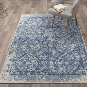 stylish Ornamental Vinyl Floor Mat, Blue Vinyl Rug, Gray Linoleum Rug, Elegant Vinyl Mat, Kitchen Mat, Area Rug, Luxury Rug, Gift Idea