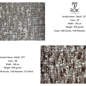 Puede incluir: Muestra de tejido texturizado con un patr&oacute;n moteado en tonos marrones y blancos. El tejido mide 140 cm de ancho y pesa 878 g/m2. Composici&oacute;n: 58% acr&iacute;lico, 30% poli&eacute;ster, 12% lana. El texto en la imagen dice "Rok|E-277".