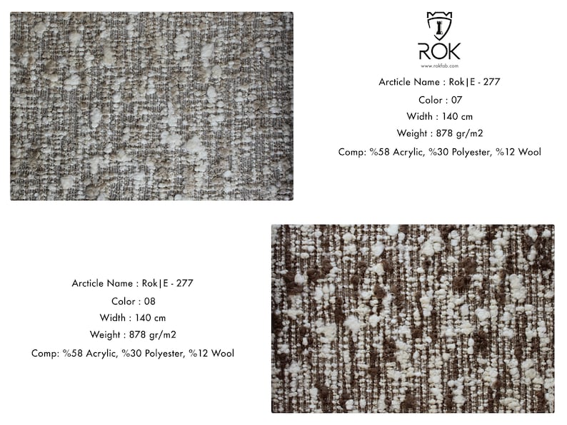 Puede incluir: Muestra de tejido texturizado con un patr&oacute;n moteado en tonos marrones y blancos. El tejido mide 140 cm de ancho y pesa 878 g/m2. Composici&oacute;n: 58% acr&iacute;lico, 30% poli&eacute;ster, 12% lana. El texto en la imagen dice "Rok|E-277".