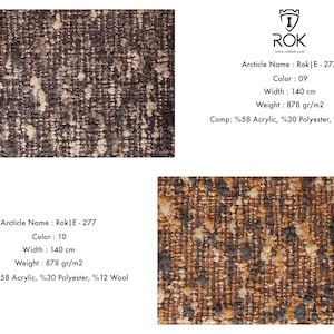 Puede incluir: Primer plano de una muestra de tejido texturizado en tonos marr&oacute;n, beige y gris. El tejido tiene un aspecto tejido con un patr&oacute;n moteado. El texto dice: Article Name: Rok|E-277, Color: 09, Width: 140 cm, Weight: 878 gr/m2.