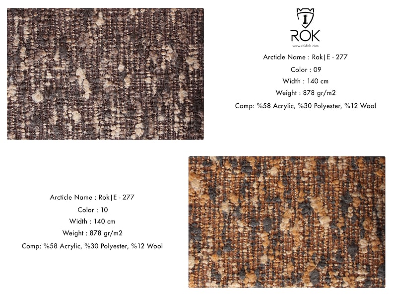 Puede incluir: Primer plano de una muestra de tejido texturizado en tonos marr&oacute;n, beige y gris. El tejido tiene un aspecto tejido con un patr&oacute;n moteado. El texto dice: Article Name: Rok|E-277, Color: 09, Width: 140 cm, Weight: 878 gr/m2.