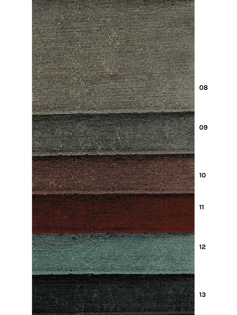 May include: A close-up of six fabric swatches in different colors and textures. The swatches are arranged vertically, with the darkest color at the bottom and the lightest color at the top. The colors are black, teal, red, brown, gray, and light gray.